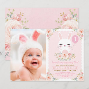Rosa Blommigt Bunny Rabbit 1:a födelsedag Party Inbjudningar