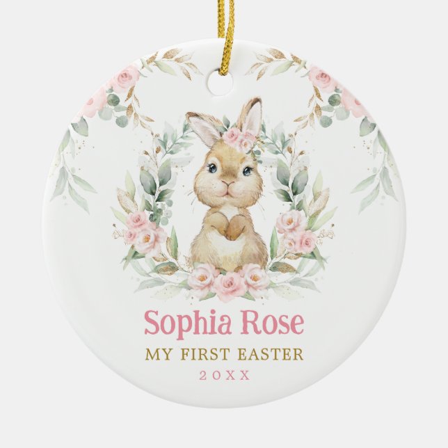 Rosa Blommigt Bunny Rabbit Baby 1:a Påsk Julgransprydnad Keramik (Framsidan)