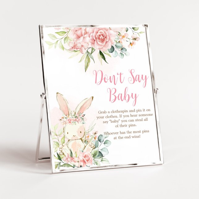 Rosa Blommigt Bunny Rabbit Baby Säg inte Baby Poster (A Little Bunny Girl Baby Shower Don't Say Baby Sign)
