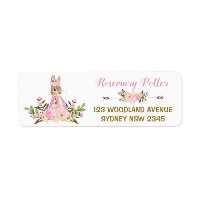 Rosa Blommigt Bunny Rabbit Baby Shower-adressetike Returadress Etikett (Framsidan)