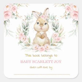 Rosa Blommigt Bunny Rabbit Baby Shower Bookplate Fyrkantigt Klistermärke
