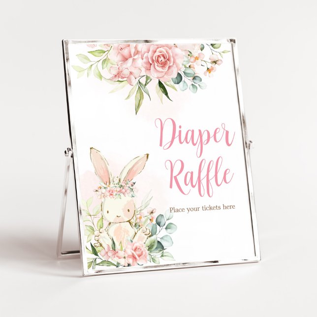 Rosa Blommigt Bunny Rabbit Baby Shower Diaper Raff Poster (A Little Bunny Girl Baby Shower Diaper Raffle Sign)