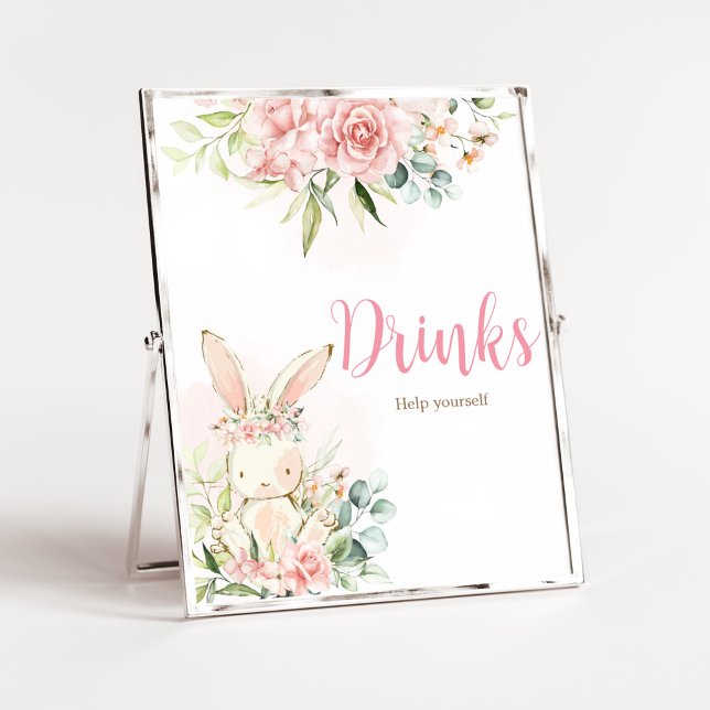 Rosa Blommigt Bunny Rabbit Baby Shower Drinks Poster (A Little Bunny Girl Baby Shower Drinks Sign)