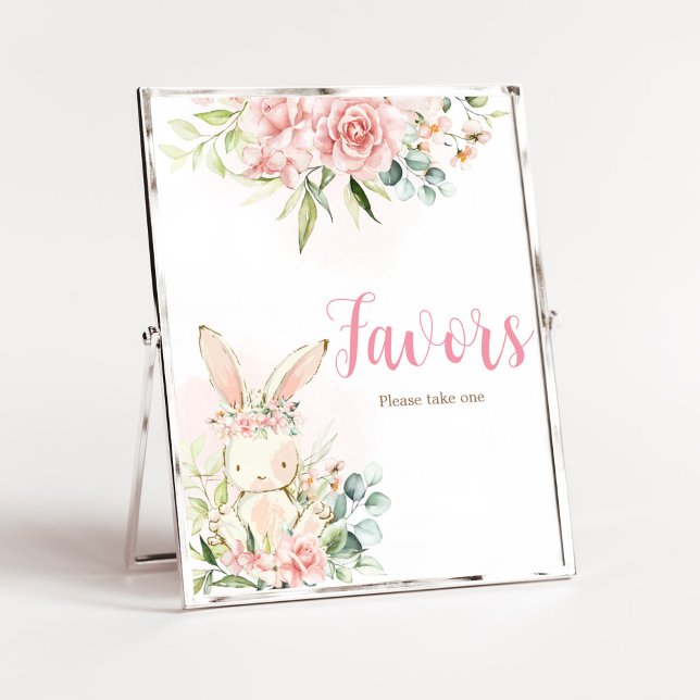 Rosa Blommigt Bunny Rabbit Baby Shower-favoriter Poster (A Little Bunny Girl Baby Shower Favors Sign)