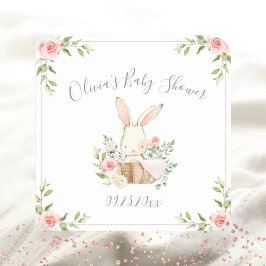 Rosa Blommigt Bunny Rabbit Baby Shower Fyrkantigt Klistermärke
