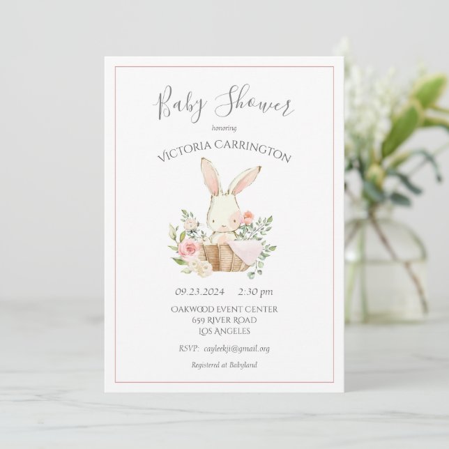 Rosa  Blommigt Bunny Rabbit Baby Shower Inbjudningar (Stående Fram)