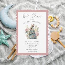 Rosa Blommigt Bunny Rabbit Baby Shower Inbjudningar