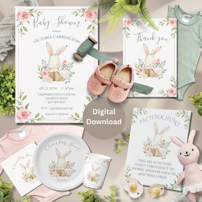 Rosa  Blommigt Bunny Rabbit Baby Shower Inbjudningar (Skapare uppladdad)
