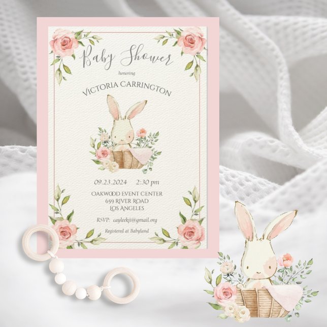 Rosa  Blommigt Bunny Rabbit Baby Shower Inbjudningar (Skapare uppladdad)
