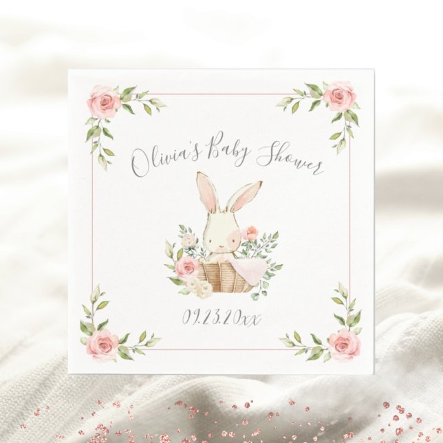 Rosa Blommigt Bunny Rabbit Baby Shower Pappersservett (Skapare uppladdad)