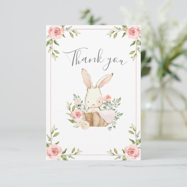 Rosa  Blommigt Bunny Rabbit Baby Shower Tack Kort (Stående Fram)