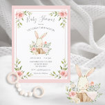 Rosa  Blommigt Bunny Rabbit Baby Shower Vykort<br><div class="desc">Söt liten vattenfärgad kanin i baby i en korgblomma i basket och söt. Hennes lilla rosa-filé är nedbruten över sidan. Så söt för den där flicka-duschen. 100 % kundtillfredsställelse med "Zazzle"</div>