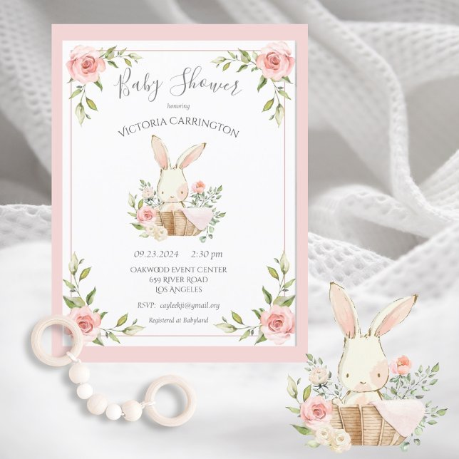 Rosa  Blommigt Bunny Rabbit Baby Shower Vykort (Skapare uppladdad)