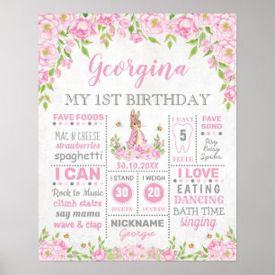Rosa Blommigt Bunny Rabbit Birthday Milestone Stat Poster