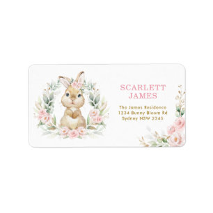 Rosa Blommigt Bunny Rabbit Flicka Returadress Adressetikett