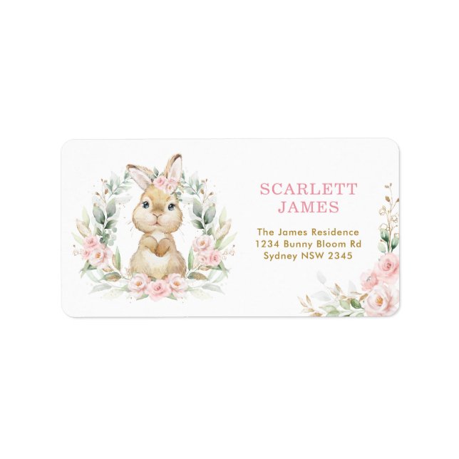 Rosa Blommigt Bunny Rabbit Flicka Returadress Adressetikett (Framsidan)