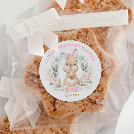 Rosa Blommigt Bunny Rabbit Girl Baby Shower Favues Runt Klistermärke