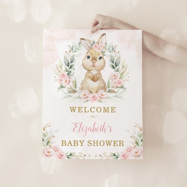 Rosa Blommigt Bunny Rabbit Girl Baby Shower Välkom Poster (Skapare uppladdad)
