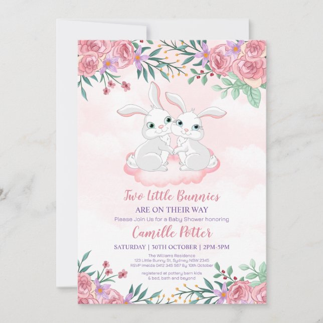 Rosa Blommigt Bunny Rabbit Twin Girl Baby Shower I Inbjudningar (Framsida)