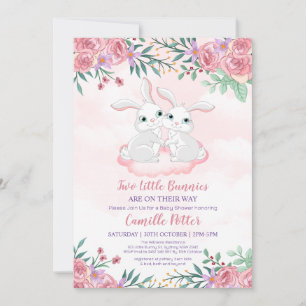 Rosa Blommigt Bunny Rabbit Twin Girl Baby Shower I Inbjudningar