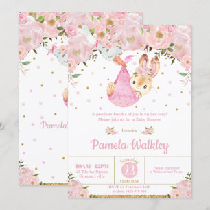 Rosa Blommigt Bunny Stork Bundle Girl Baby Shower Inbjudningar