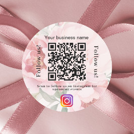 Rosa blommigt business namn qr code instagram runt klistermärke