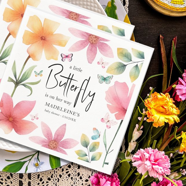 Rosa Blommigt Butterflies Baby Shower Pappersservett (Skapare uppladdad)
