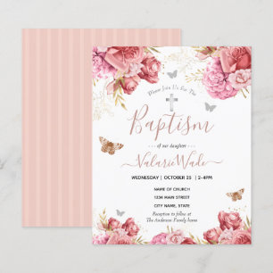 Rosa Blommigt Butterflies Baptism budgetinbjudan