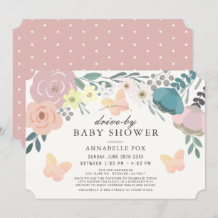 Rosa Blommigt & Butterflies Drive by Baby Shower Inbjudningar