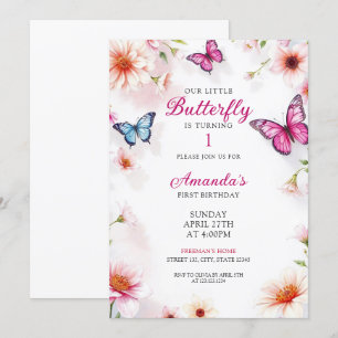 Rosa Blommigt Butterflies för Flicka 1:a födelseda Inbjudningar