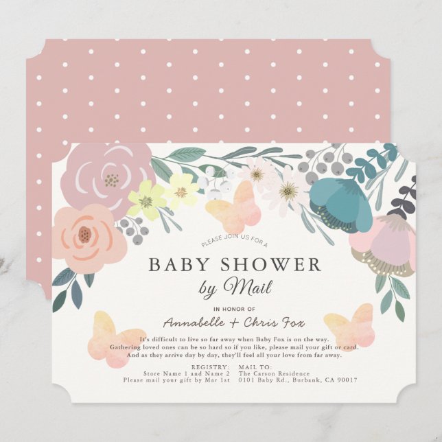 Rosa Blommigt & Butterflies Girl Baby Shower by Ma Inbjudningar (Fram/baksida)