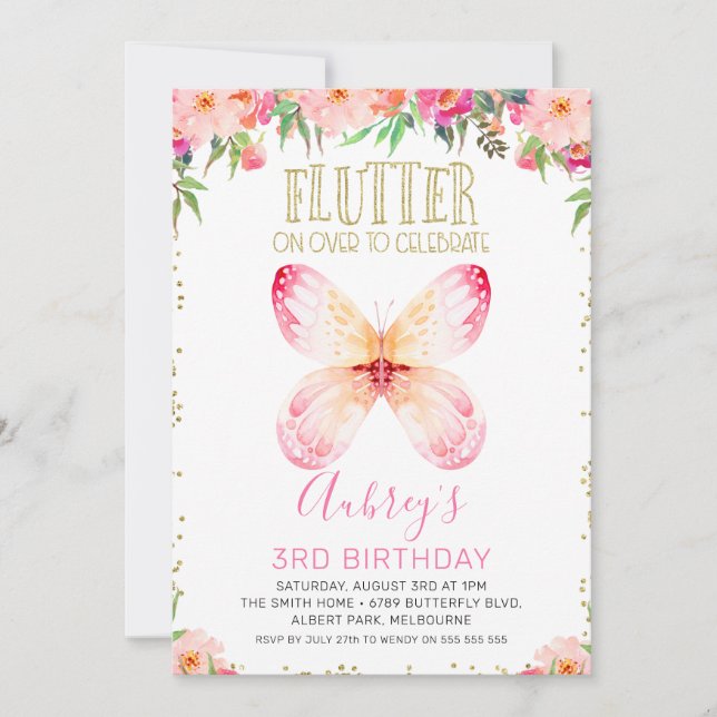 Rosa Blommigt Butterflies Guld Glitter Text Birday Inbjudningar (Framsida)