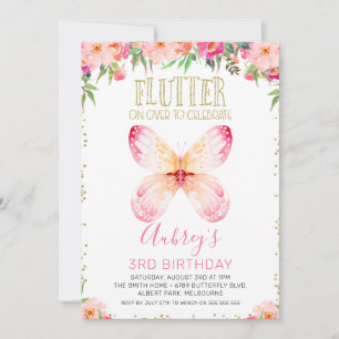 Rosa Blommigt Butterflies Guld Glitter Text Birday Inbjudningar