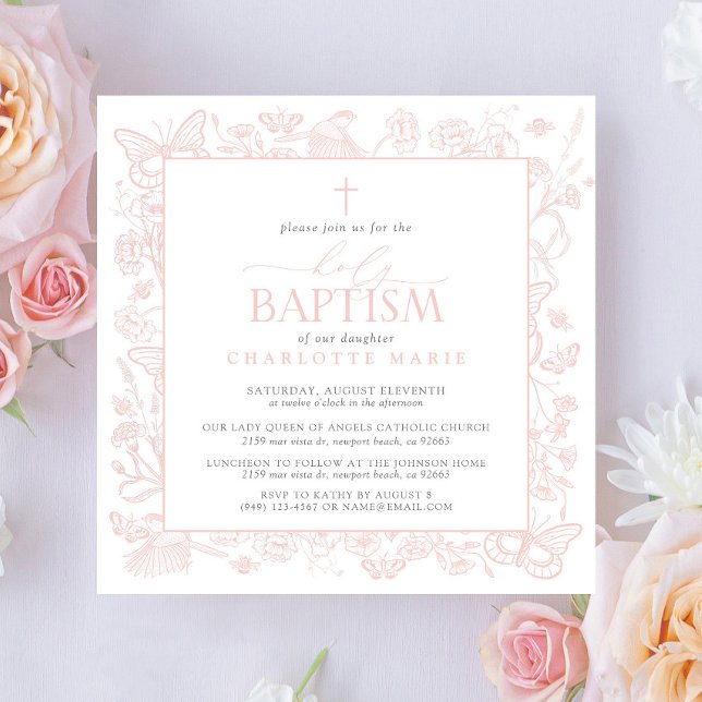  Rosa Blommigt Butterflies Heliga Baptism Kor Inbjudningar (Holy Baptism Invitation)