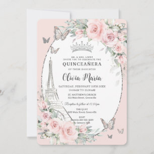 Rosa Blommigt Butterflies Paris Quinceañera Inbjudningar