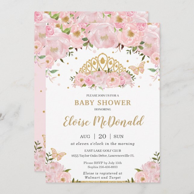 Rosa Blommigt Butterflies Princess Tiara Baby Show Inbjudningar (Fram/baksida)