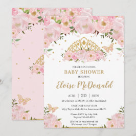 Rosa Blommigt Butterflies Princess Tiara Baby Show Inbjudningar