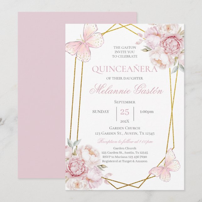 Rosa Blommigt Butterflies Quinceañera-inbjudan Inbjudningar (Fram/baksida)