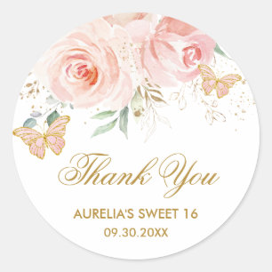 Rosa Blommigt Butterflies Quinceanera Sweet 16 Runt Klistermärke