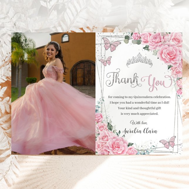 Rosa Blommigt Butterflies Sweet 16 Quinceañera Pho Tack Kort (Skapare uppladdad)
