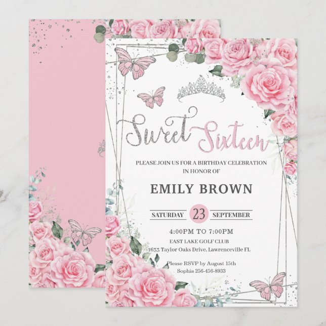 Rosa Blommigt Butterflies Sweet sixteen 16 Birthda Inbjudningar (Fram/baksida)