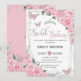 Rosa Blommigt Butterflies Sweet sixteen 16 Birthda Inbjudningar