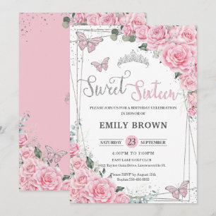 Rosa Blommigt Butterflies Sweet sixteen 16 Birthda Inbjudningar