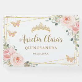  Rosa Blommigt Butterfliies Guld Quinceanera Gästböcker