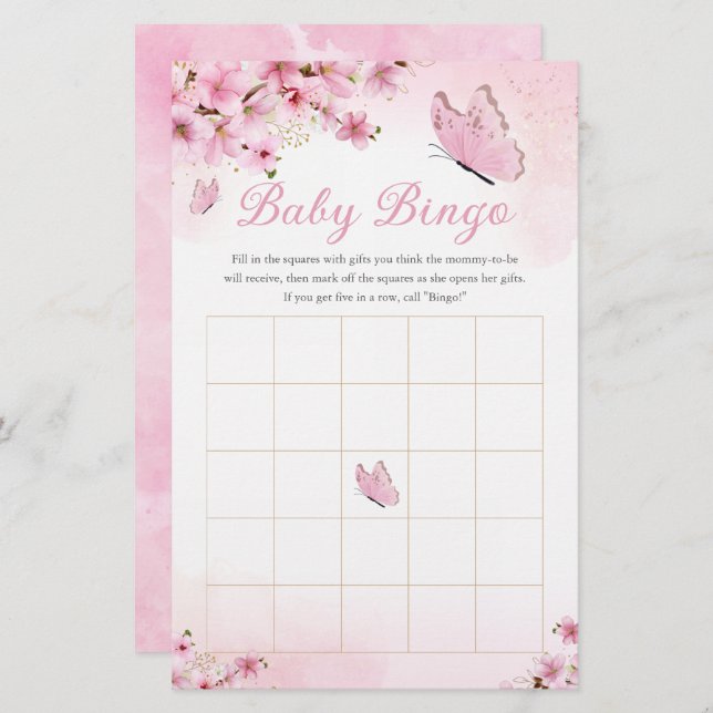 Rosa Blommigt Butterfly Baby Shower Bingo Game (Fram/baksida)