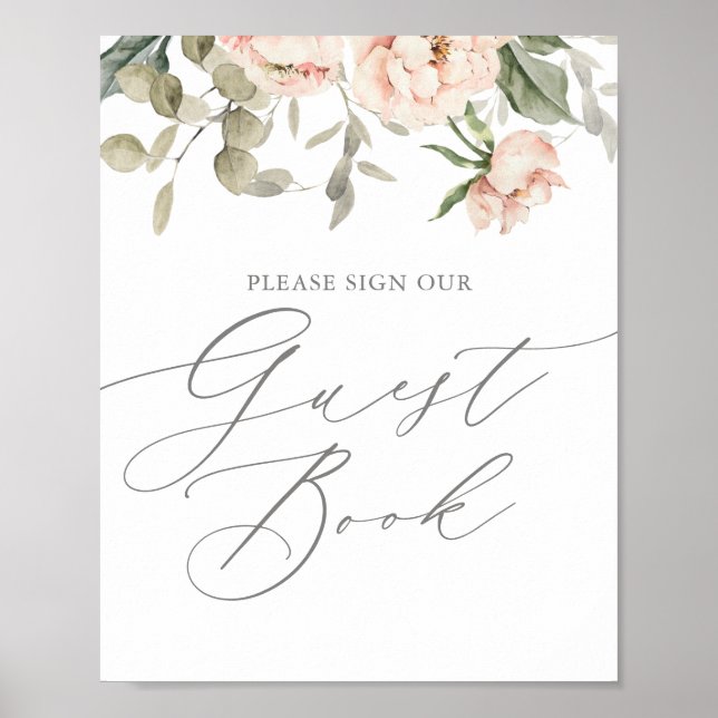 Rosa Blommigt Butterfly Baby Shower Guest Bok Sign Poster (Framsidan)