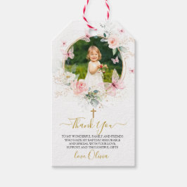 Rosa Blommigt Butterfly Baptism Presentetikett