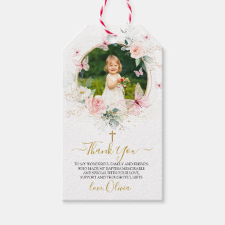 Rosa Blommigt Butterfly Baptism Presentetikett