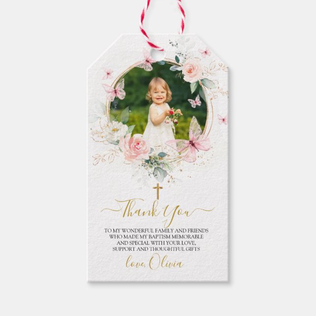 Rosa Blommigt Butterfly Baptism Presentetikett (Framsidan)