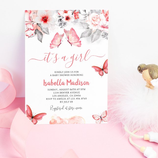 Rosa Blommigt Butterfly Flicka Shower Inbjudningar (Pink Floral Butterfly Baby Girl Shower Invitation
)